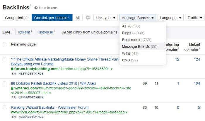 find links from forums webmaster tools ahrefs