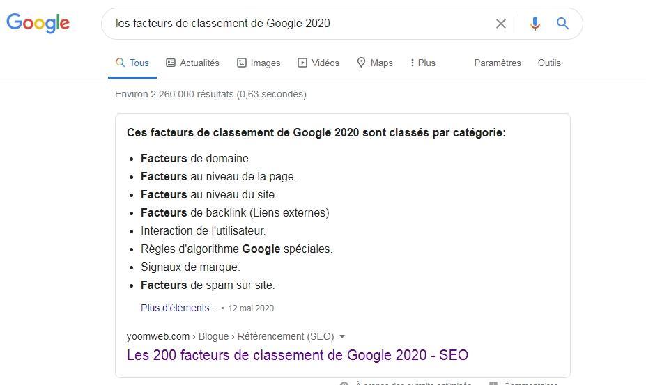 Exemple de résultat de recherche avec un extrait optimisé (snippets)